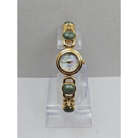 Elgin II Womens Gold Tone Jade Color Bracelet Watch MOP Dial Quartz New Battery - Picture 1 of 10